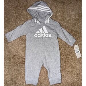 Adidas Baby Outfit Full Zip Long Sleeve Hooded Romper 6 Months Gray
